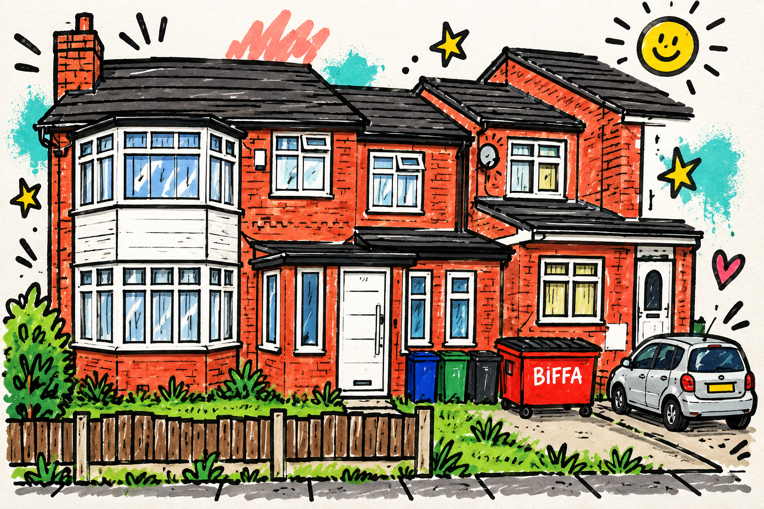 Cartoon Menczer house with the famous bin and Mum’s reserved parking space
